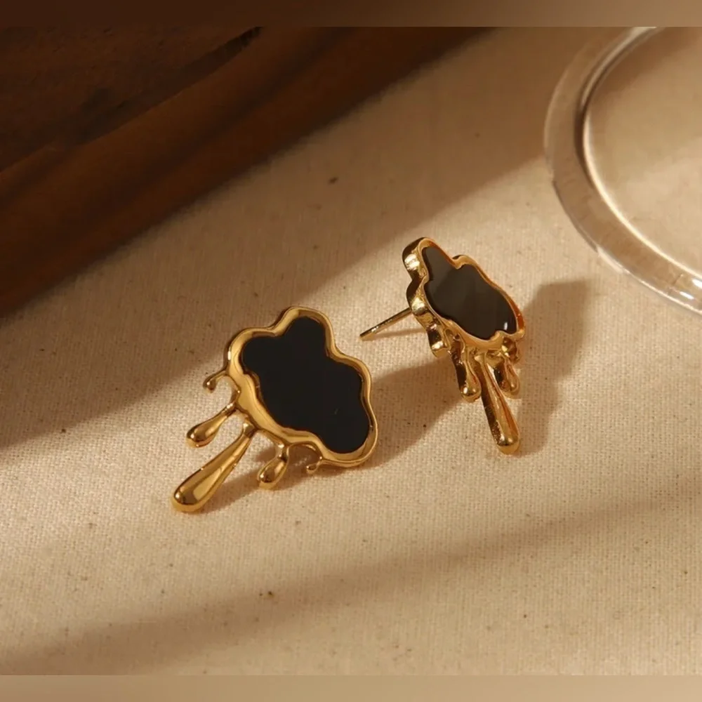 18K Gold Black Cloud Rain Melting Liquid Metal Stud Earrings Punk Bohemian - Picture 2 of 4